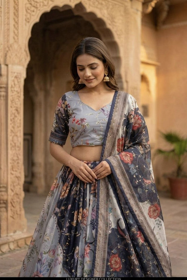 Blue Floral Printed Silk Lehenga (ACA8753)