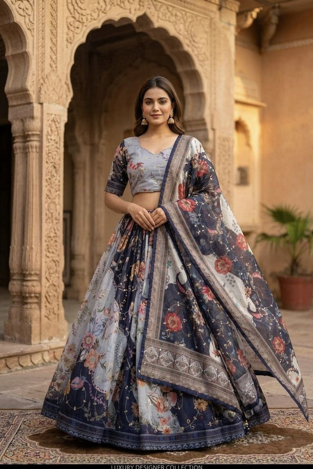 Blue Floral Printed Silk Lehenga (ACA8753)