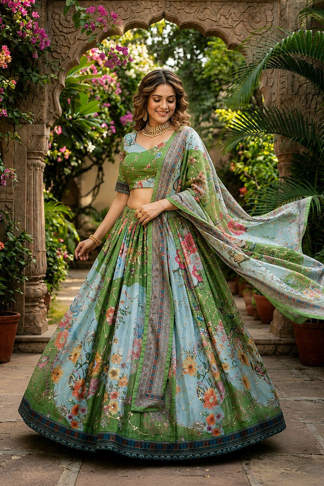 Green Floral Printed Silk Lehenga (ACA8754)