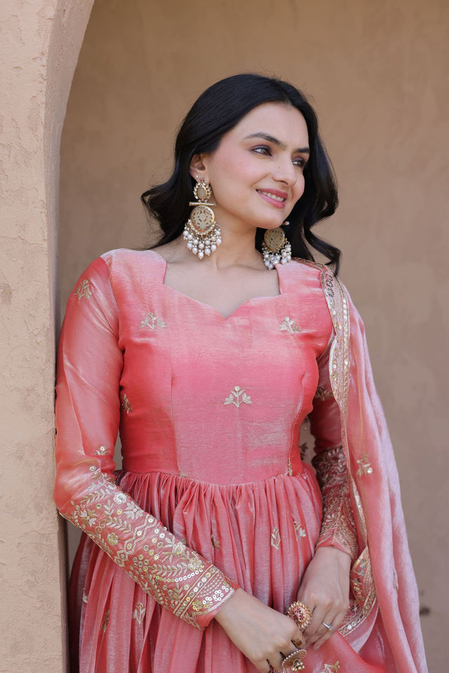 Peach Embroidered with Mirror Work Silk Gown (ACA8758)