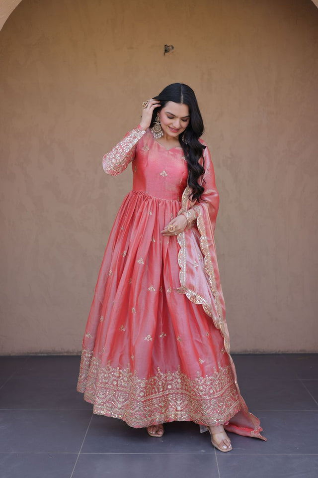Peach Embroidered with Mirror Work Silk Gown (ACA8758)