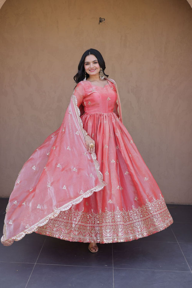 Peach Embroidered with Mirror Work Silk Gown (ACA8758)