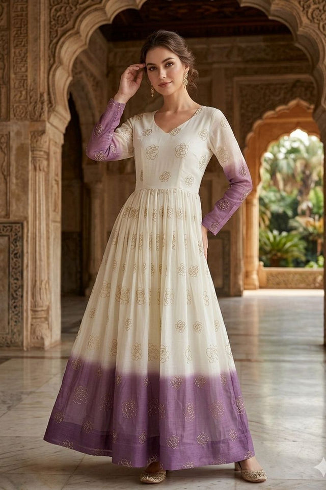 Purple Floral Printed Crunchy Gown (ACA8761)