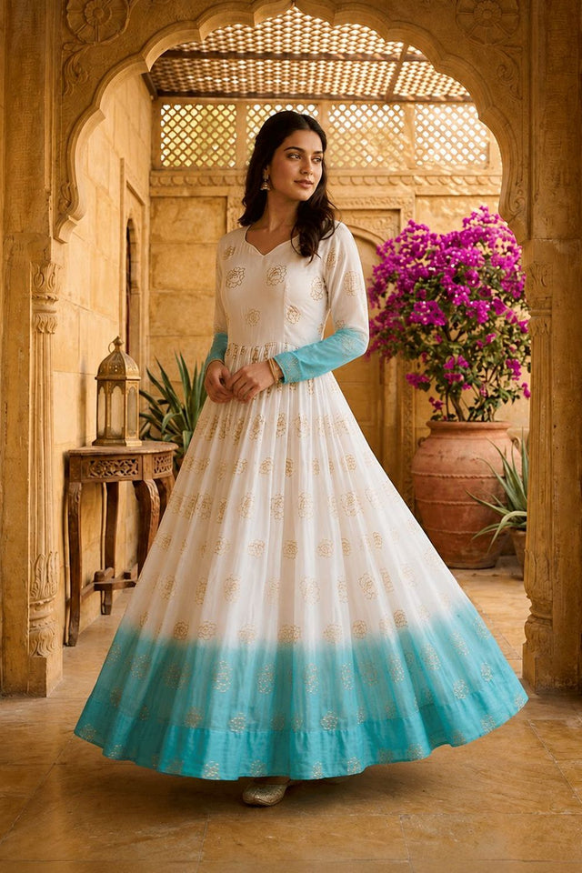 Blue Floral Printed Cotton Gown (ACA8762)