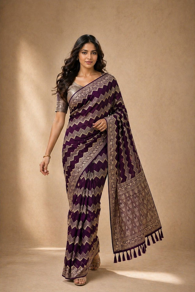 Wine Woven Georgette Saree (ACA8763)