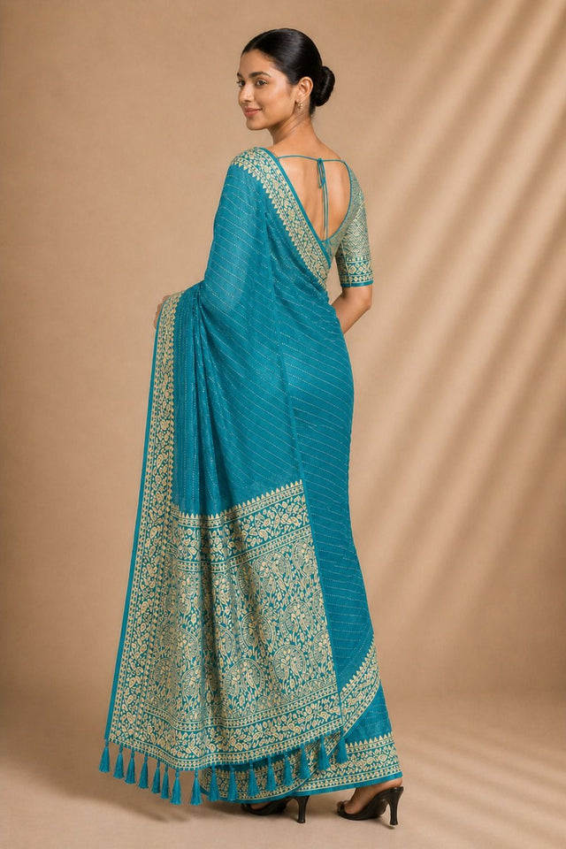 Turquoise Woven Chiffon Saree (ACA8773)