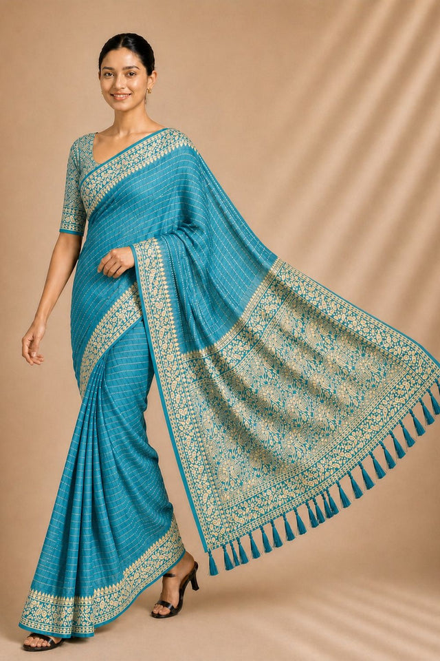 Turquoise Woven Chiffon Saree (ACA8773)