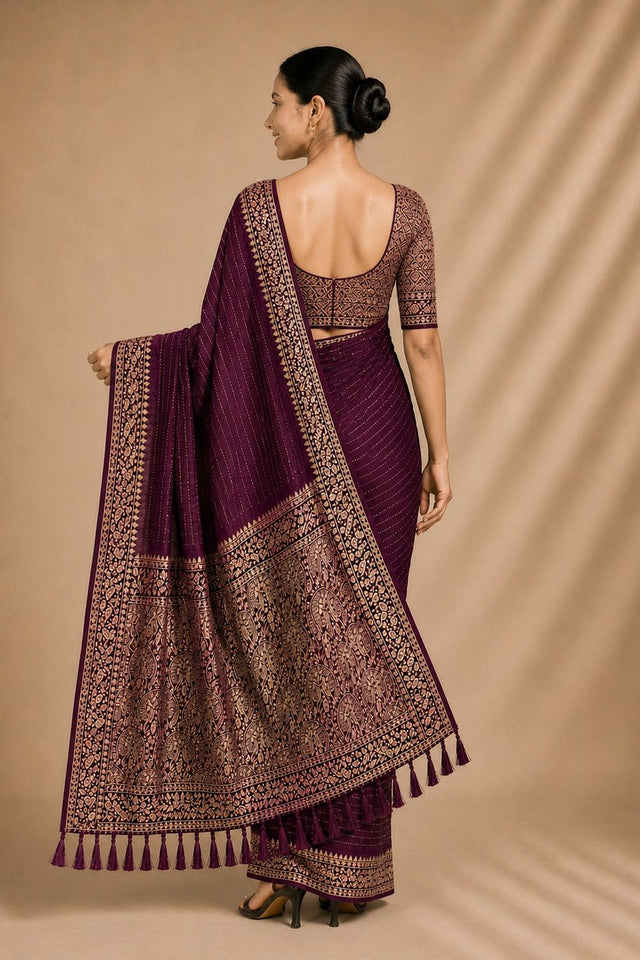 Wine Woven Chiffon Saree (ACA8774)