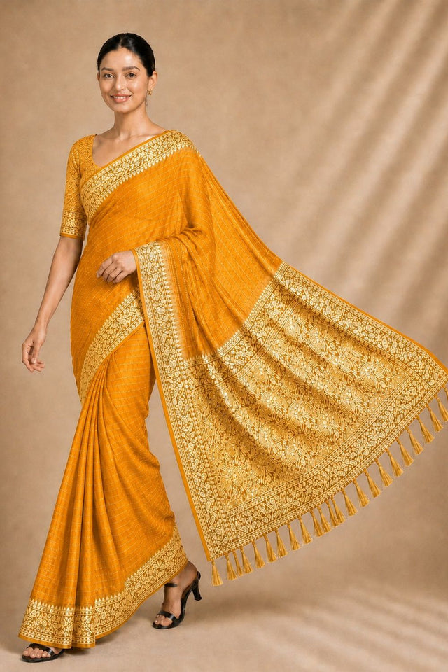 Yellow Woven Chiffon Saree (ACA8775)