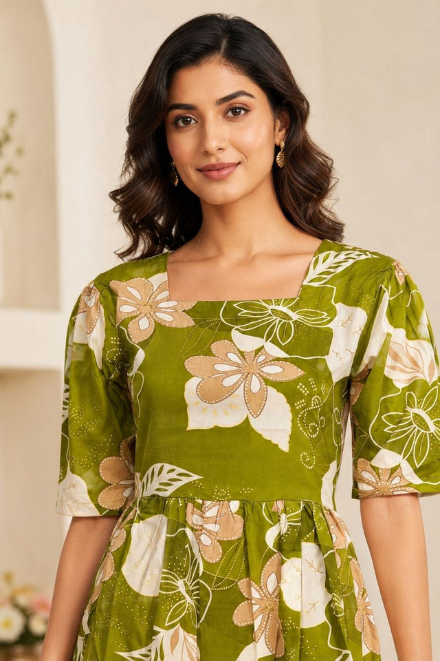 Green Floral Printed Cotton Blend Dresses (ACA8776)