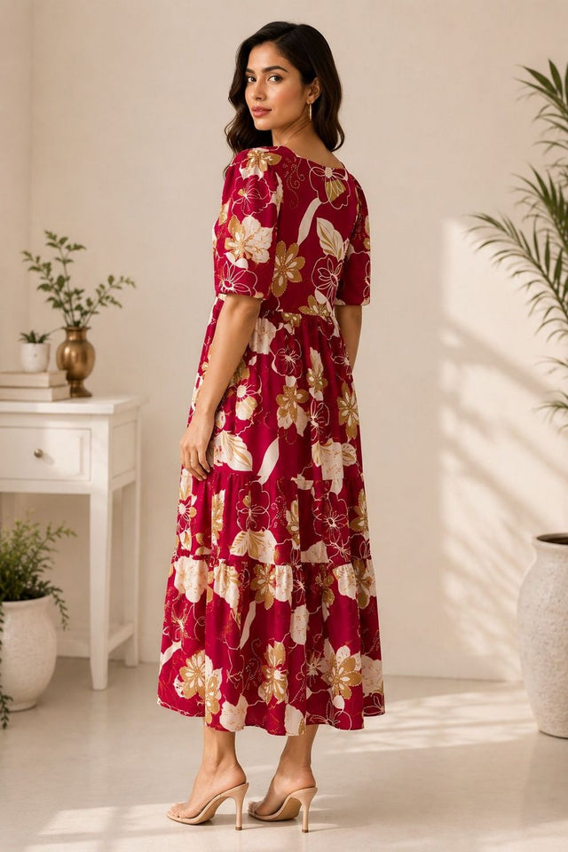 Red Floral Printed Cotton Blend Dresses (ACA8777)