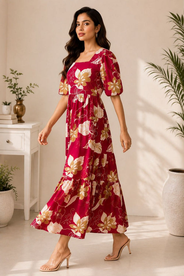 Red Floral Printed Cotton Blend Dresses (ACA8777)