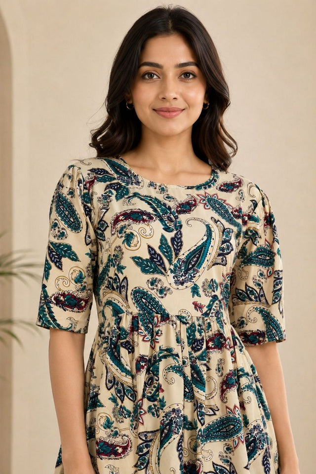 Turquoise Printed Rayon Dresses (ACA8779)