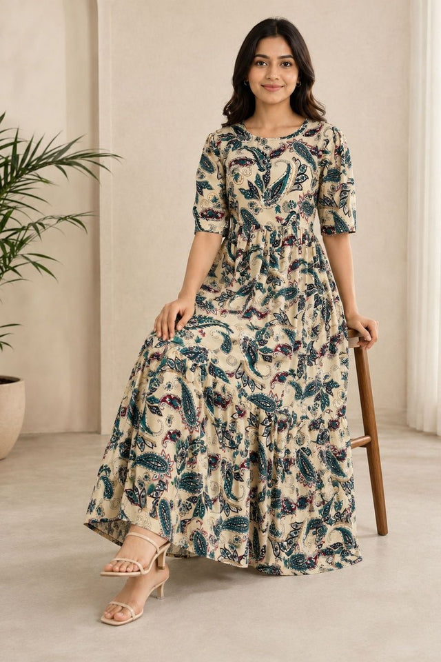Turquoise Printed Rayon Dresses (ACA8779)