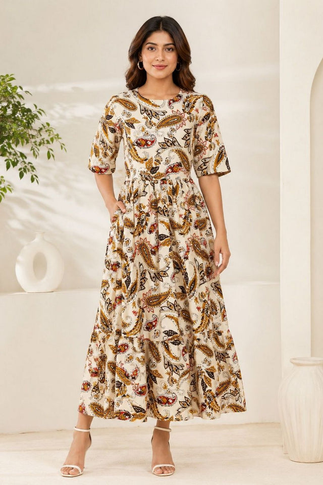 Yellow Printed Rayon Dresses (ACA8781)