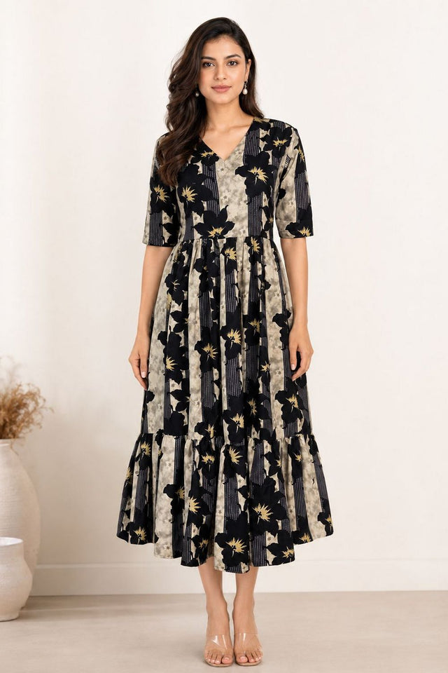 Black Printed Rayon Dresses (ACA8782)