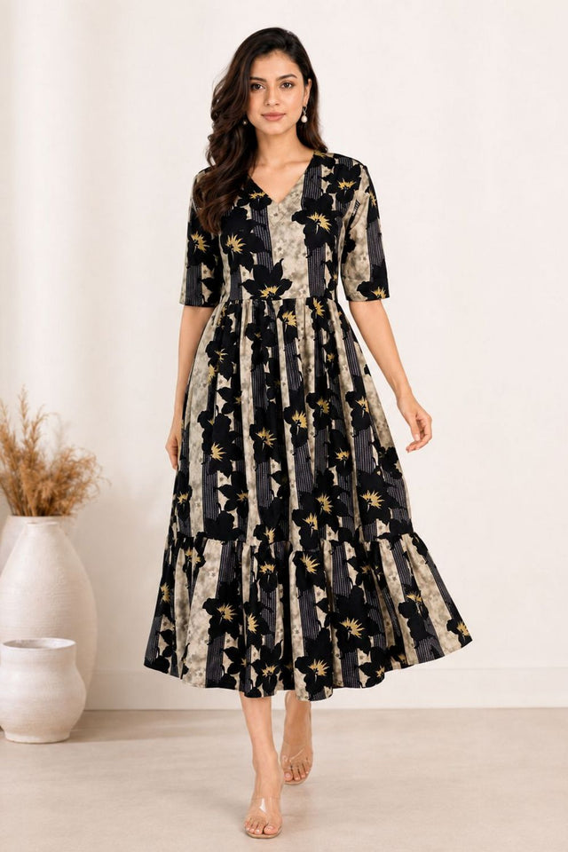 Black Printed Rayon Dresses (ACA8782)
