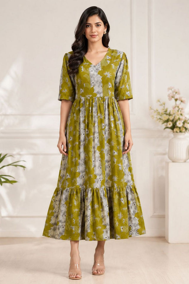 Green Printed Rayon Dresses (ACA8783)