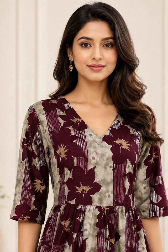 Wine Printed Rayon Dresses (ACA8785)