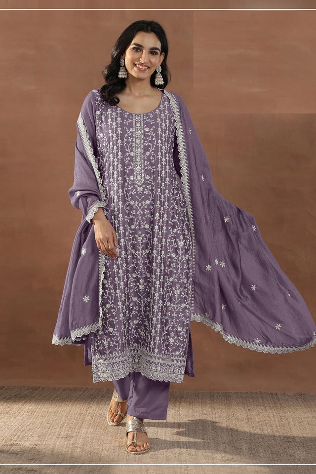 Lavender Floral Embroidered Silk Straight Cut Suit (ACA8786)