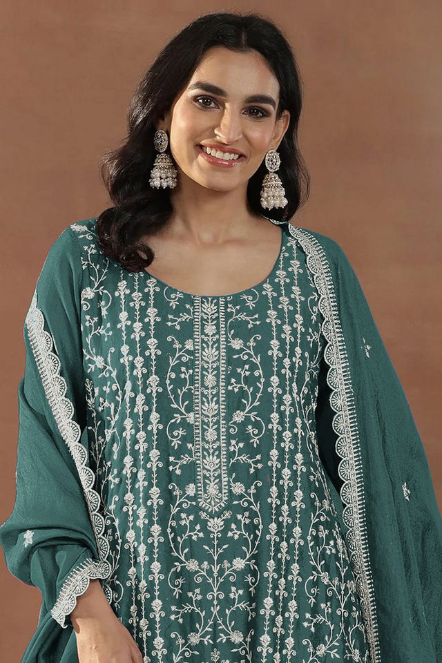 Green Floral Embroidered Silk Straight Cut Suit (ACA8787)