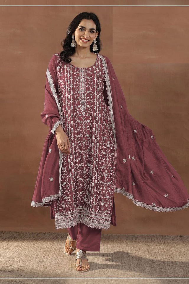 Pink Floral Embroidered Silk Straight Cut Suit (ACA8788)