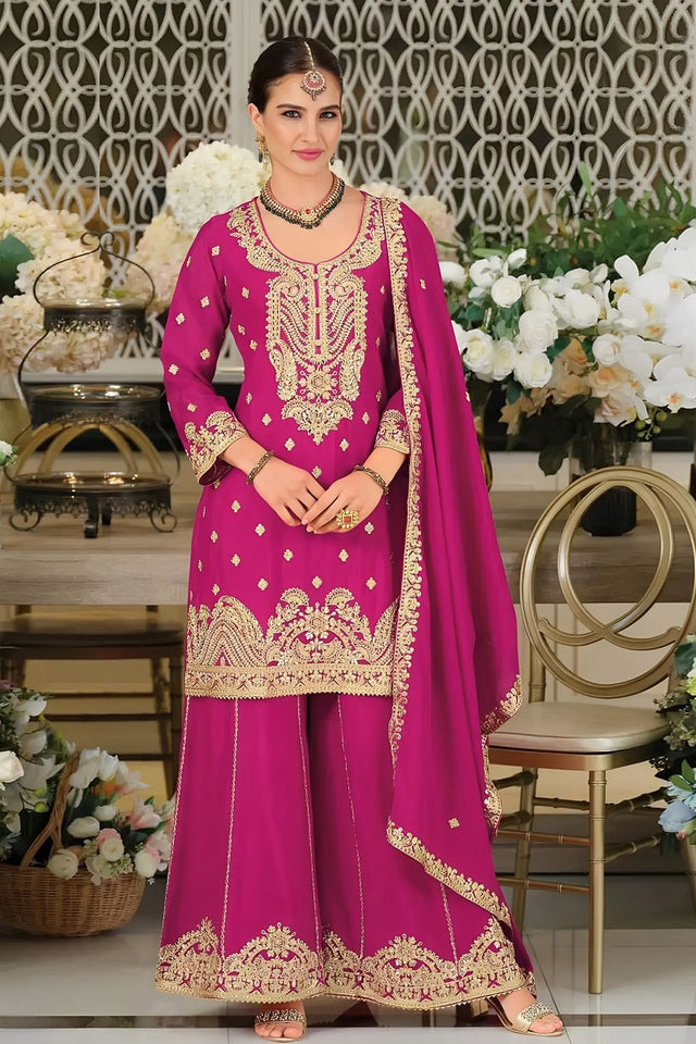 Pink Embroidered Chinon Palazzo Suit (ACA8790)