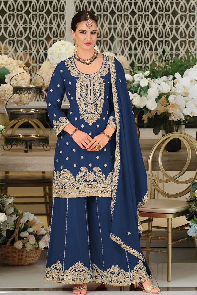 Turquoise Embroidered Chinon Palazzo Suit (ACA8792)