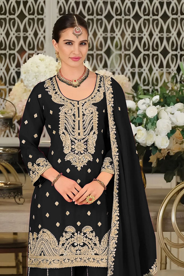 Black Embroidered Chinon Palazzo Suit (ACA8793)