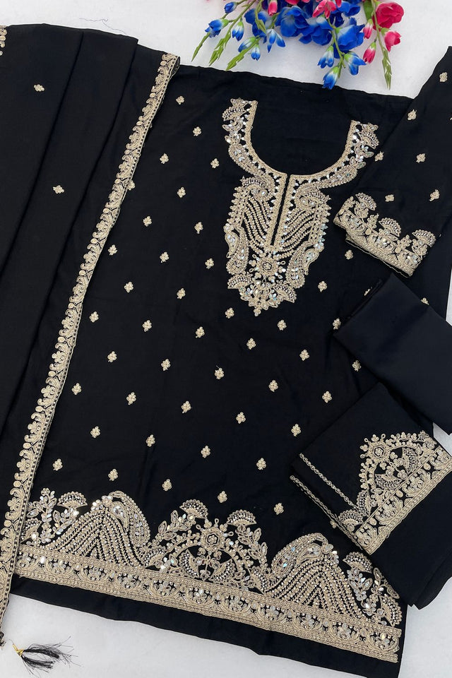 Black Embroidered Chinon Palazzo Suit (ACA8793)