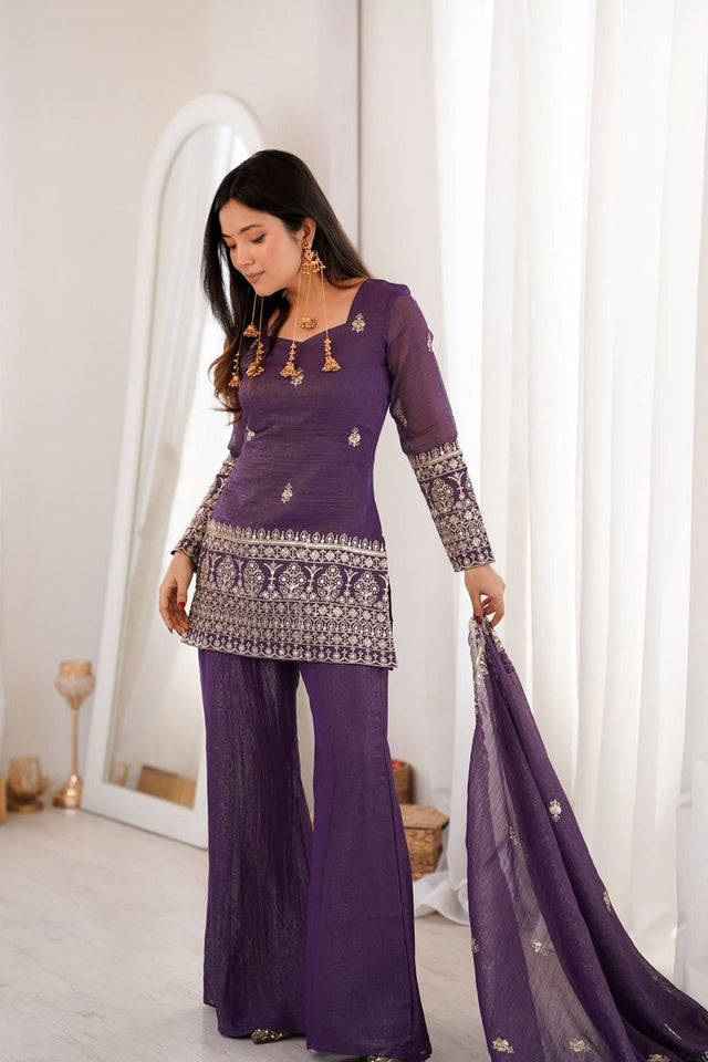 Lavender Floral Embroidered Silk Sharara Suit (ACA8795)