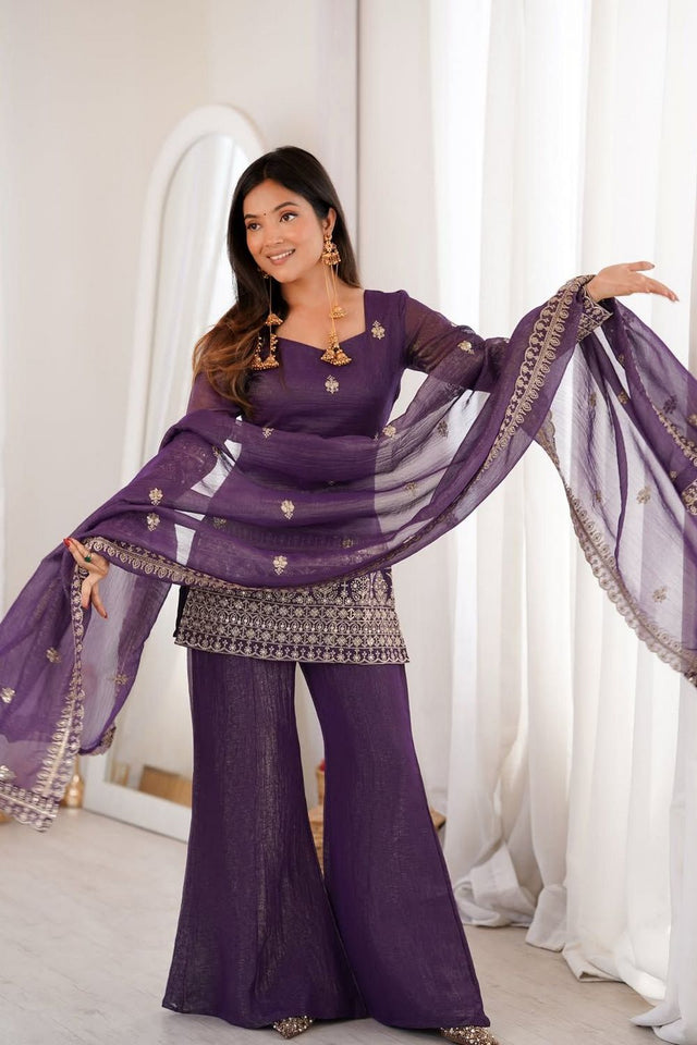 Lavender Floral Embroidered Silk Sharara Suit (ACA8795)