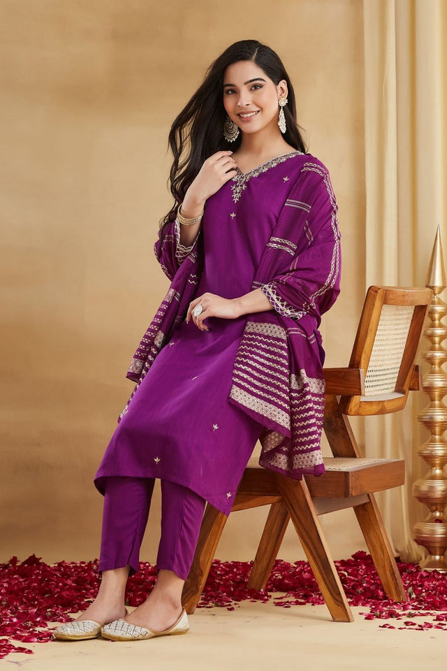 Purple Floral Embroidered Rayon Straight Cut Suit (ACA8798)