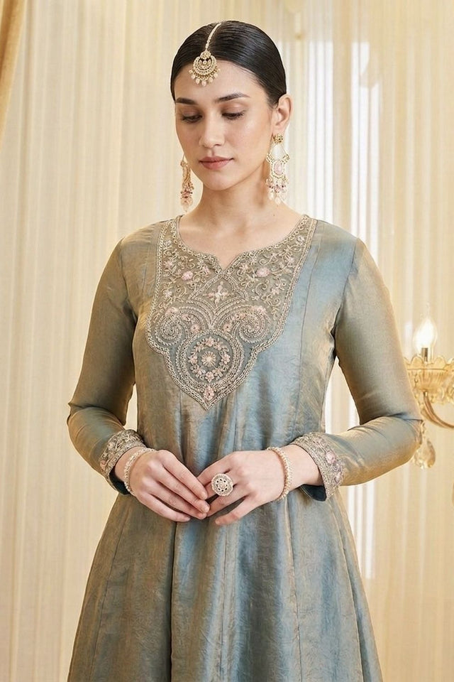 Grey Embroidered Satin Palazzo Suit (ACA8801)