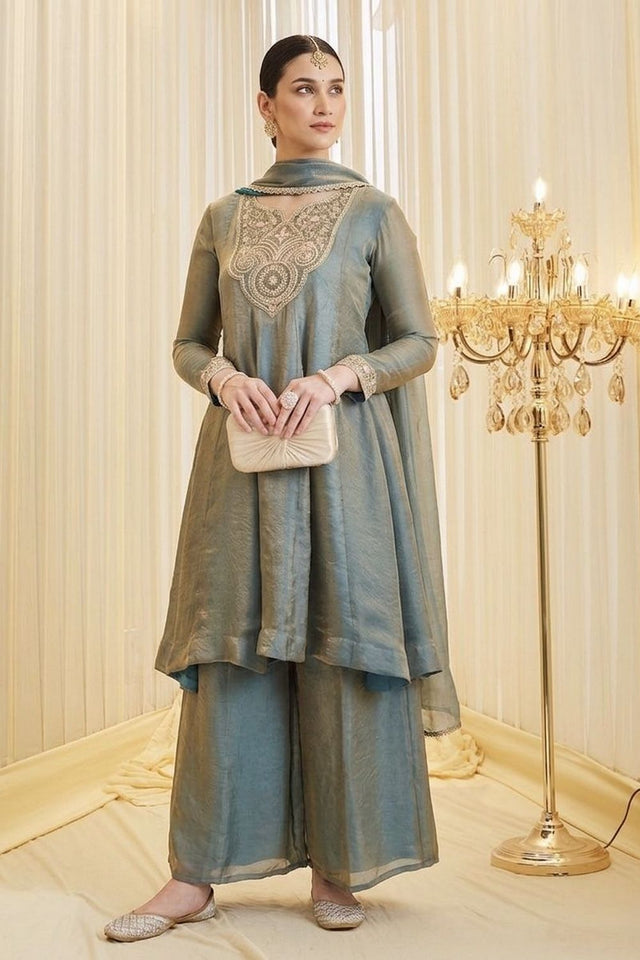 Grey Embroidered Satin Palazzo Suit (ACA8801)