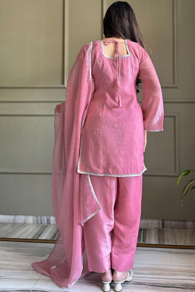 Pink Embellished Silk Straight Cut Suit (ACA8805)