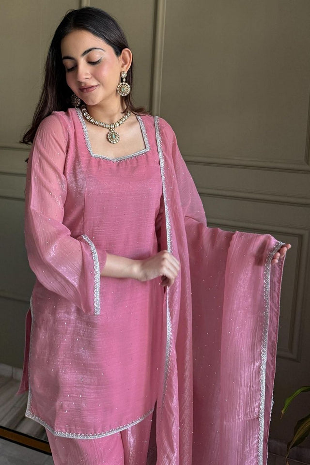 Pink Embellished Silk Straight Cut Suit (ACA8805)