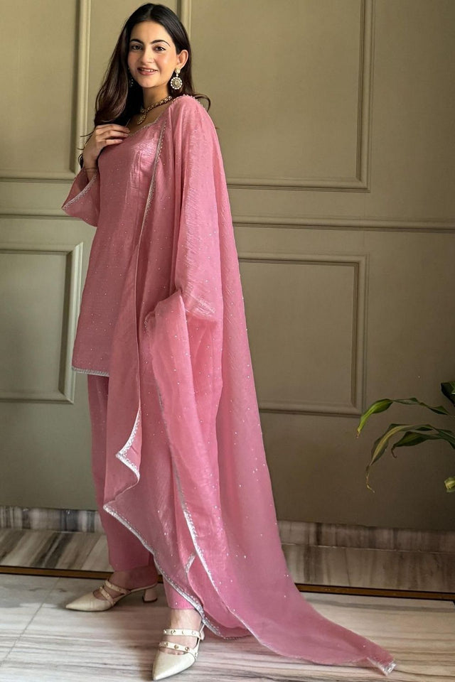 Pink Embellished Silk Straight Cut Suit (ACA8805)