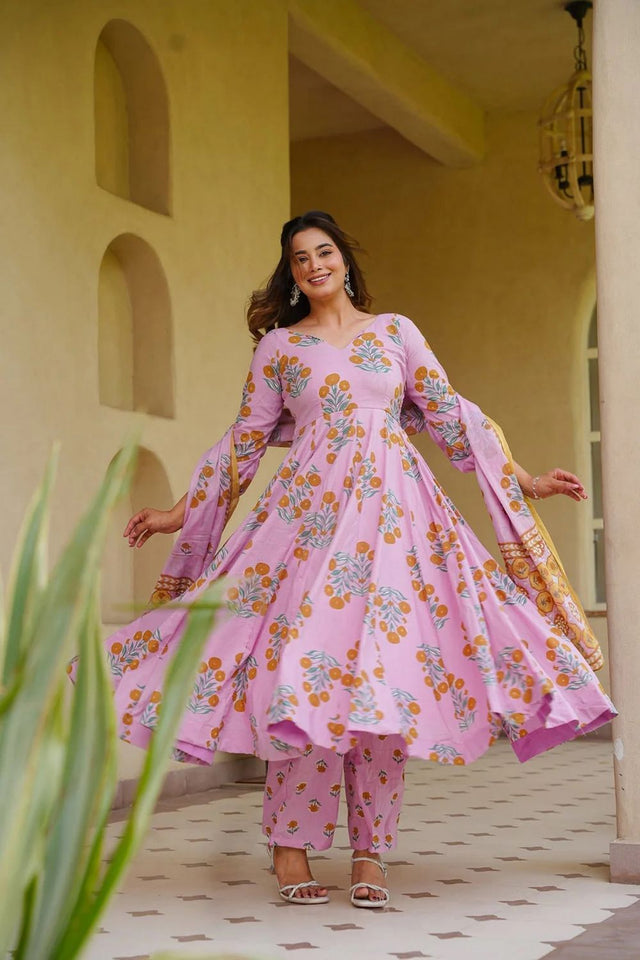 Pink Floral Printed Cotton Silk Anarkali Suit (ACA8812)