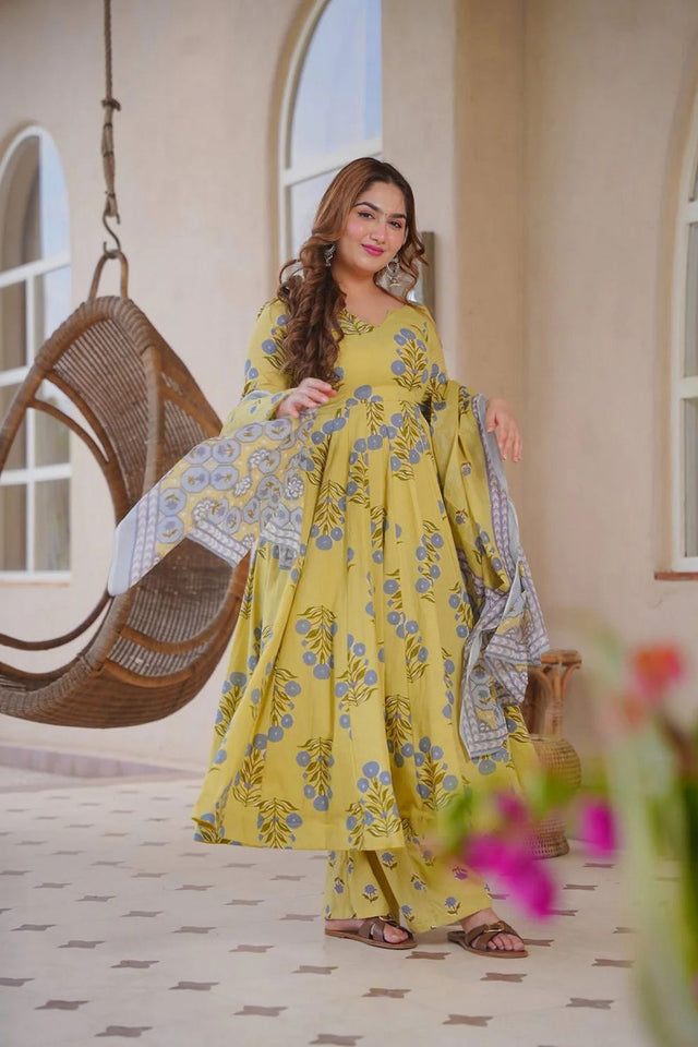 Yellow Floral Printed Cotton Silk Anarkali Suit (ACA8814)