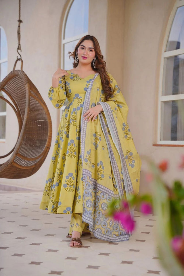 Yellow Floral Printed Cotton Silk Anarkali Suit (ACA8814)