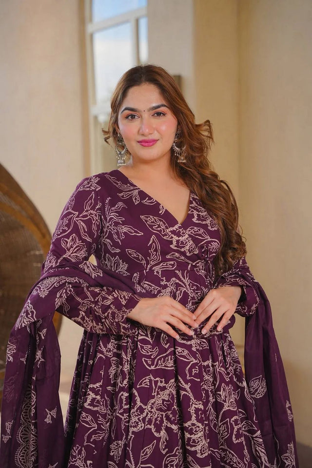 Purple Printed Cotton Silk Anarkali Suit (ACA8817)