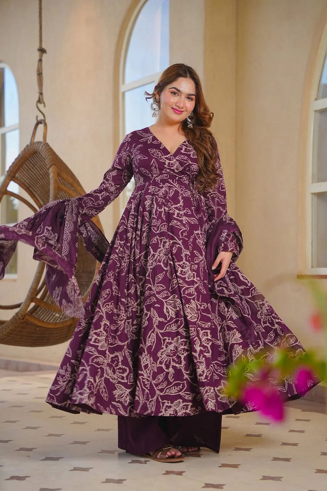 Purple Printed Cotton Silk Anarkali Suit (ACA8817)