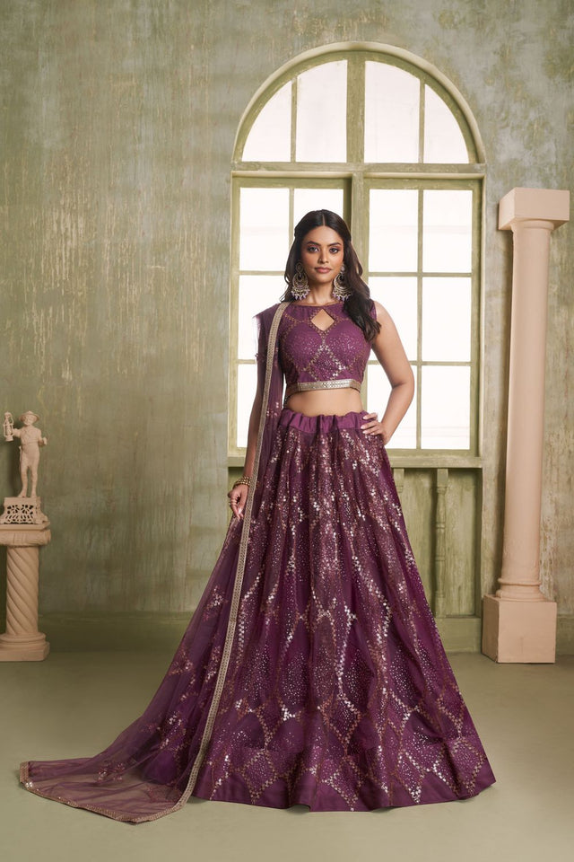 Wine Sequin Net Lehenga (ACA8819)