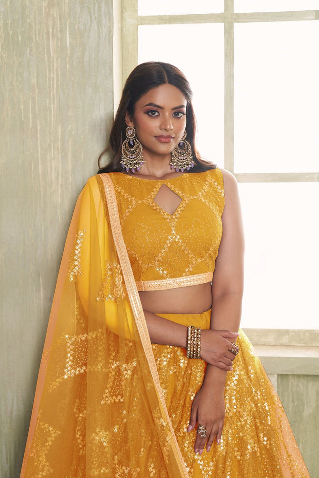 Mustard Sequin Net Lehenga (ACA8822)