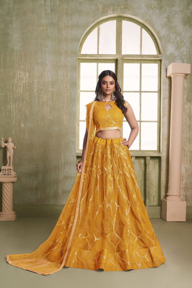 Mustard Sequin Net Lehenga (ACA8822)