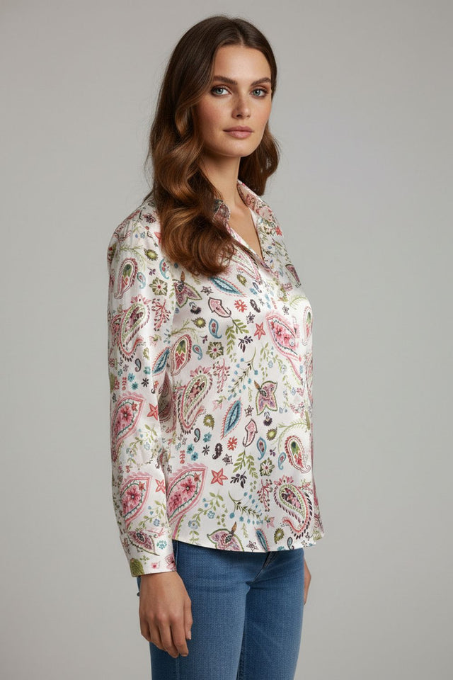 White Printed Satin Shirt (ACA8824)