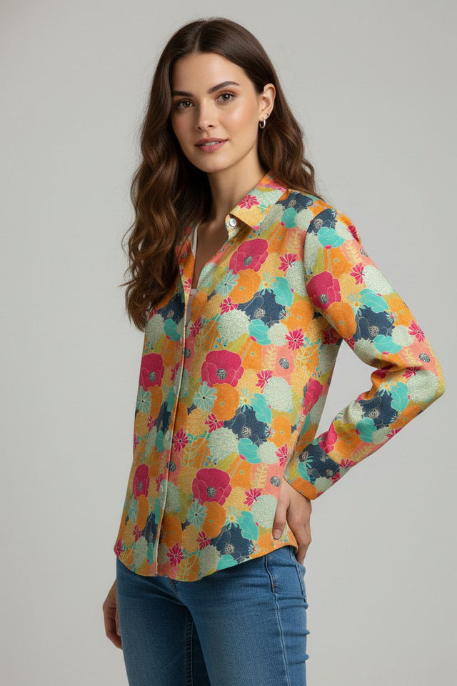 Mustard Floral Printed Satin Shirt (ACA8826)