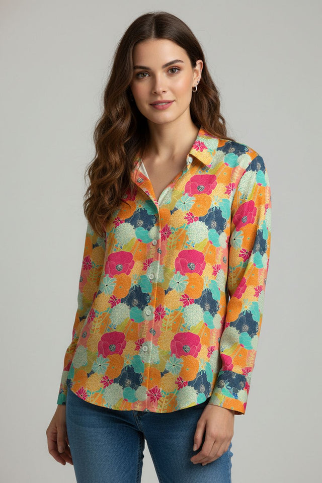 Mustard Floral Printed Satin Shirt (ACA8826)