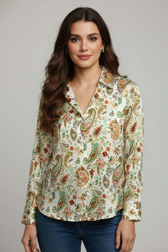 Green Printed Satin Shirt (ACA8829)